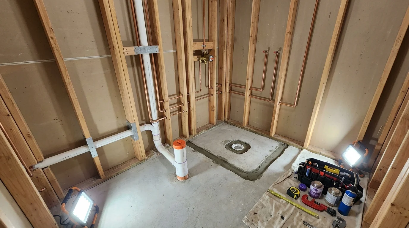 Bathroom rough-in plumbing during remodel by Johns Plumbing LLC in Fair Haven