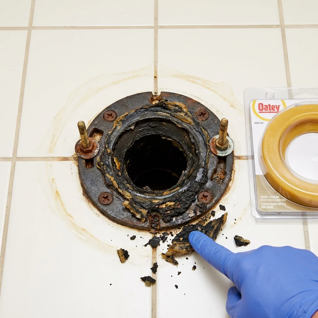 Failed wax ring showing water seepage at the base of a toilet in a Fair Haven, VT home