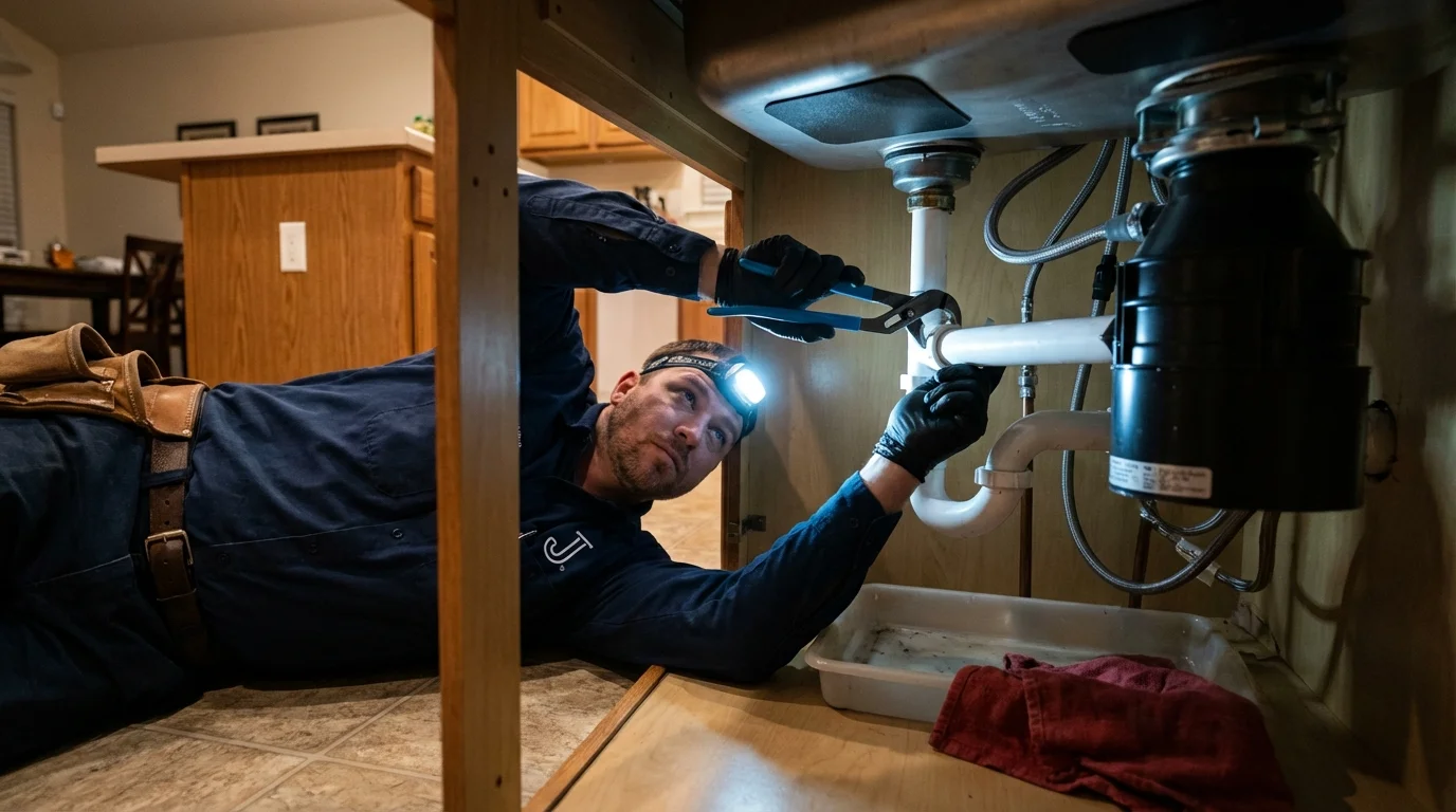 P-trap and supply line connections under a kitchen sink showing a common leak point in Fair Haven, VT